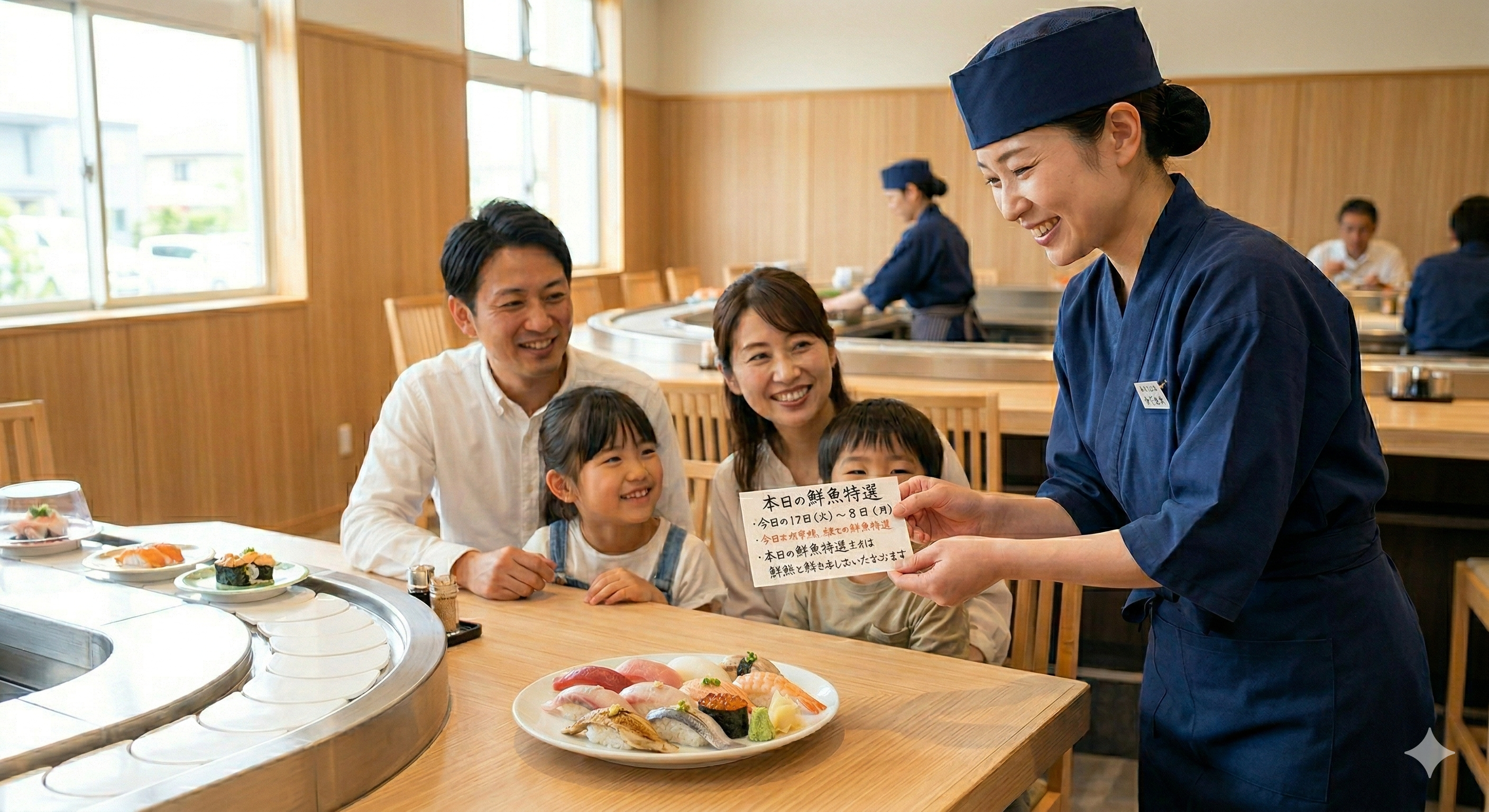 スタッフがお客様に鮮魚を説明